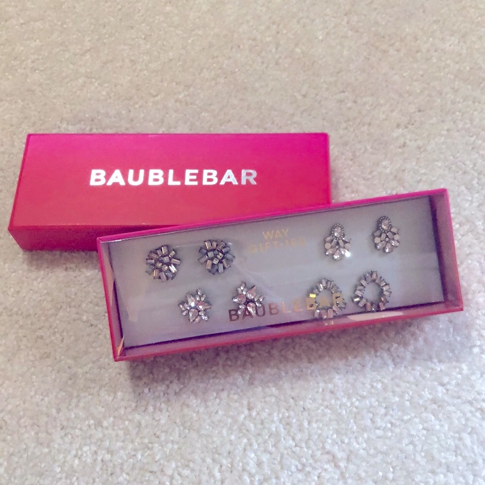 NIB BaubleBar Silver Rhinestone Earrings Set of 4